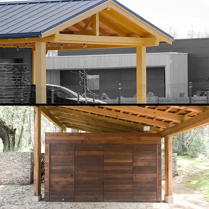 Carport aus Holz, Collage zeigt oben wie unten Carports aus Holz.