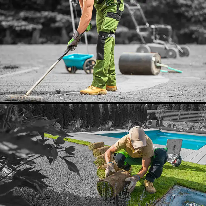 Graten und Landschaftsbau-Arbeiter die Rasen auslegen und vorbereiten.